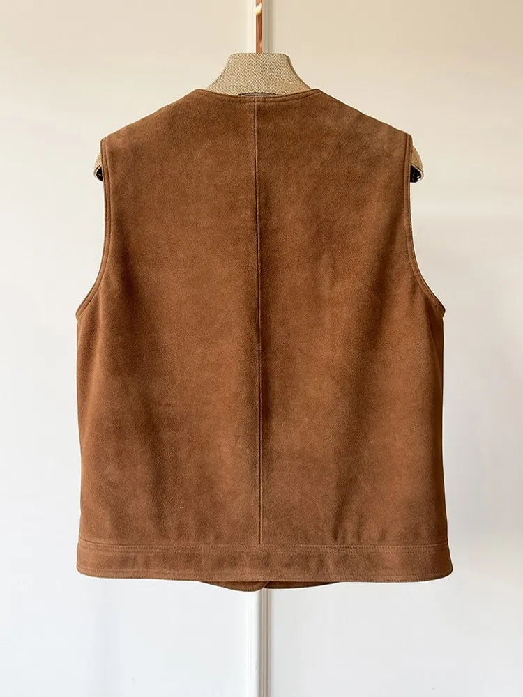 Elegant Female Fashion O Neck Real Suede Leather Loose Vest Single Breasted Office Waistcoat Lady Loose Genuine Leather Jacket