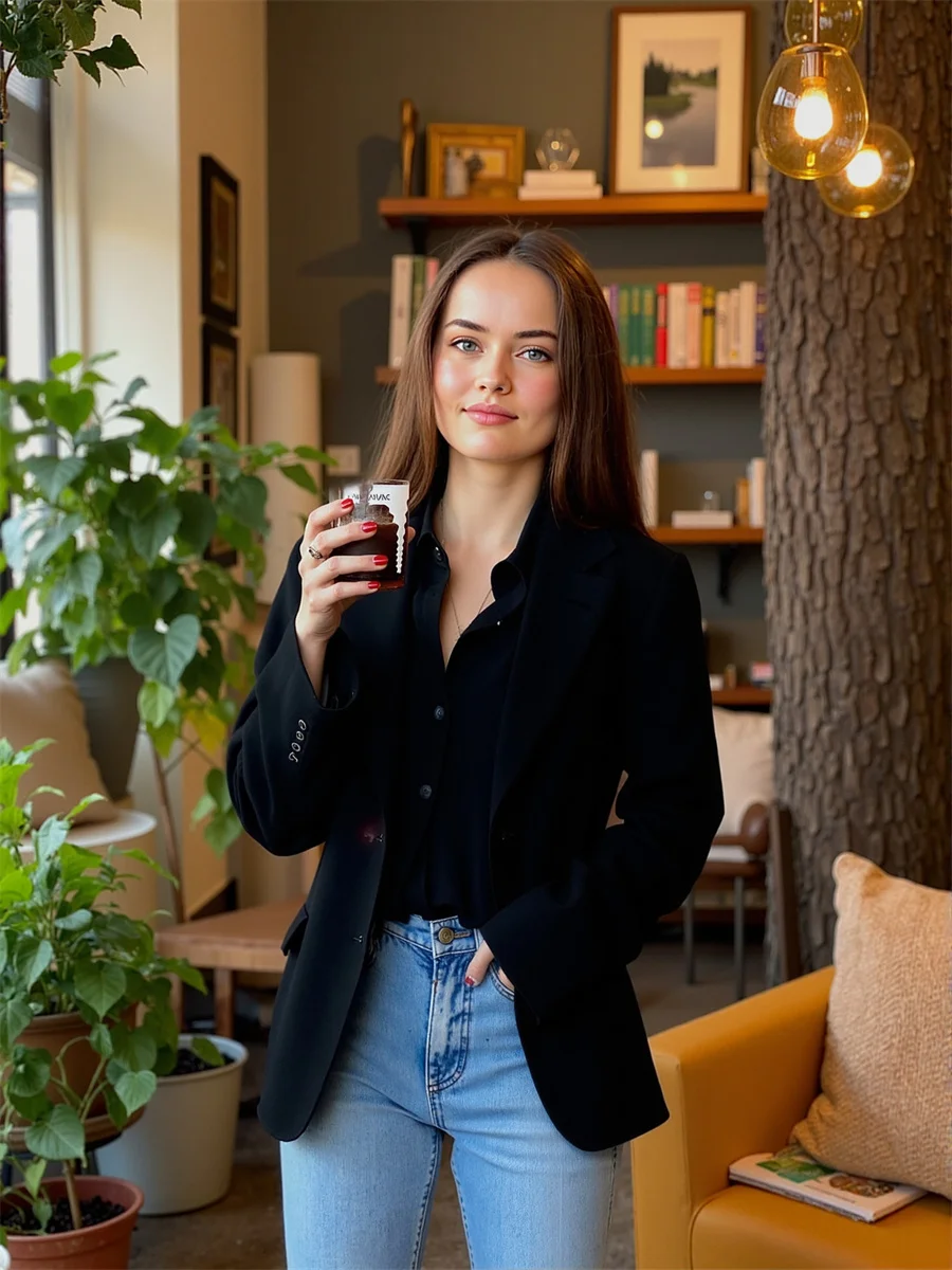 

Black Women'S Blazer Turn-Down Collar Fiber Interviews Students O-Neck Womans Mid-Long Temperamet Slim-Fit Crew Zip Age-Reducing