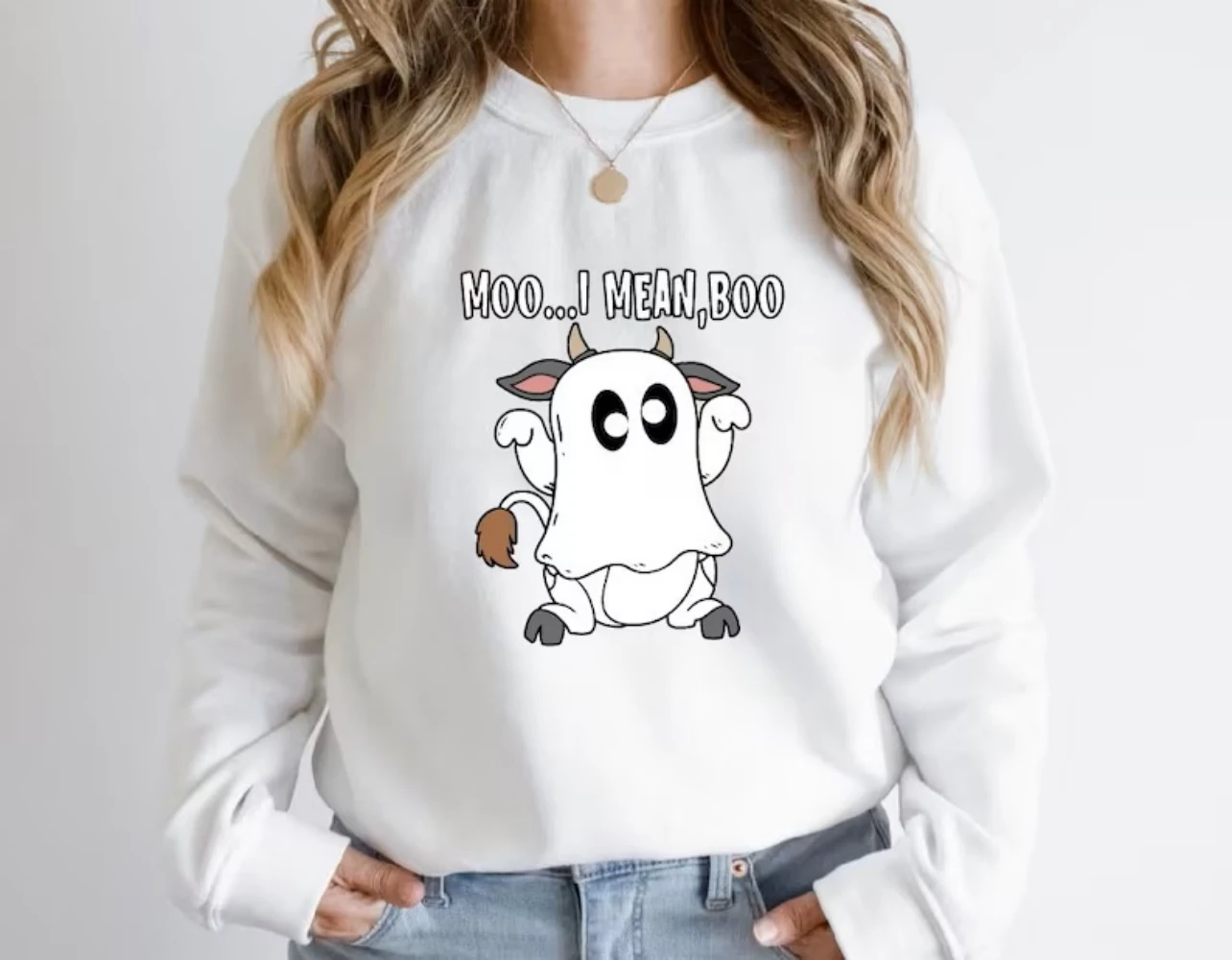 

Ghost Cows Sweatshirt Moo I Mean Boo Shirt Spooky Season Trick Or Treat Pullover Top Clothing Women Winter