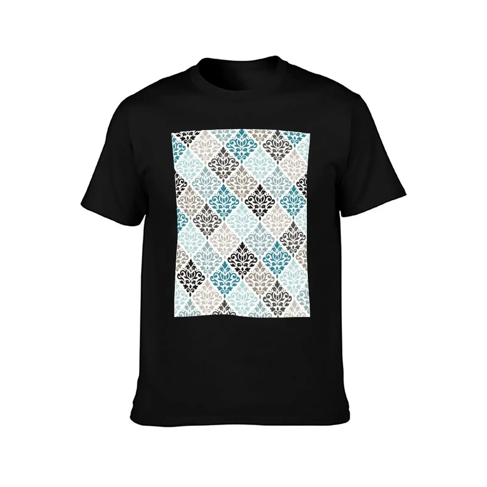 Scroll Damask Pattern Teals Browns White T-Shirt cute clothes summer top t shirts for men pack