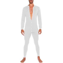 Mens Jumpsuit Romper Pajamas Male Autumn Solid Home Wear Casual Button Single-Breasted Bodysuit Long Sleeve Bodycon Sleepwear