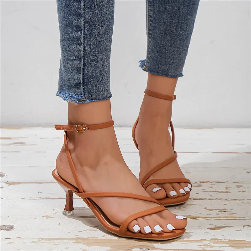 Modern Sandals Women\'s Sandals with Buckle Strap and Narrow Band Combination High Heels Summer Shoes Women Casual Ladies Shoes