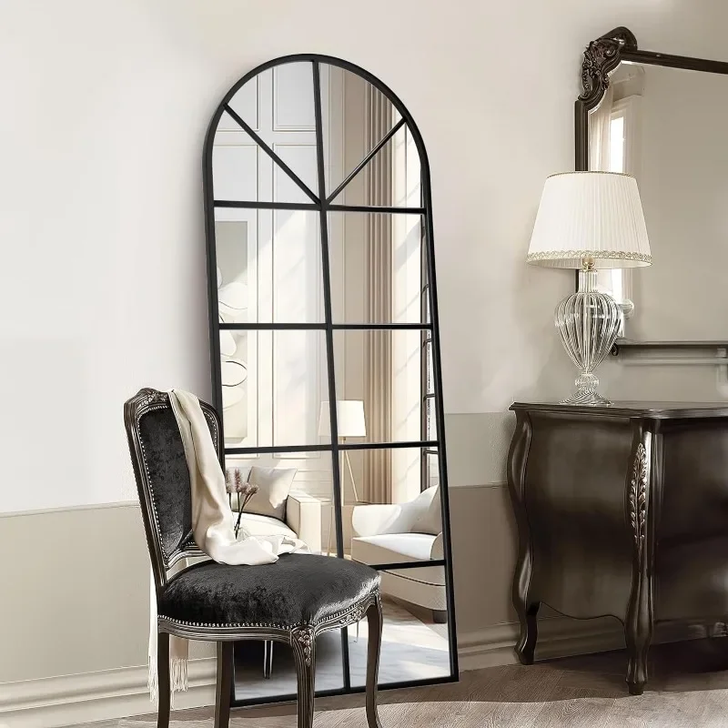 Floor Full Length Mirror, Black Arched-Top, Large Window Pane Mirror, Wall Mounted Mirror, 65