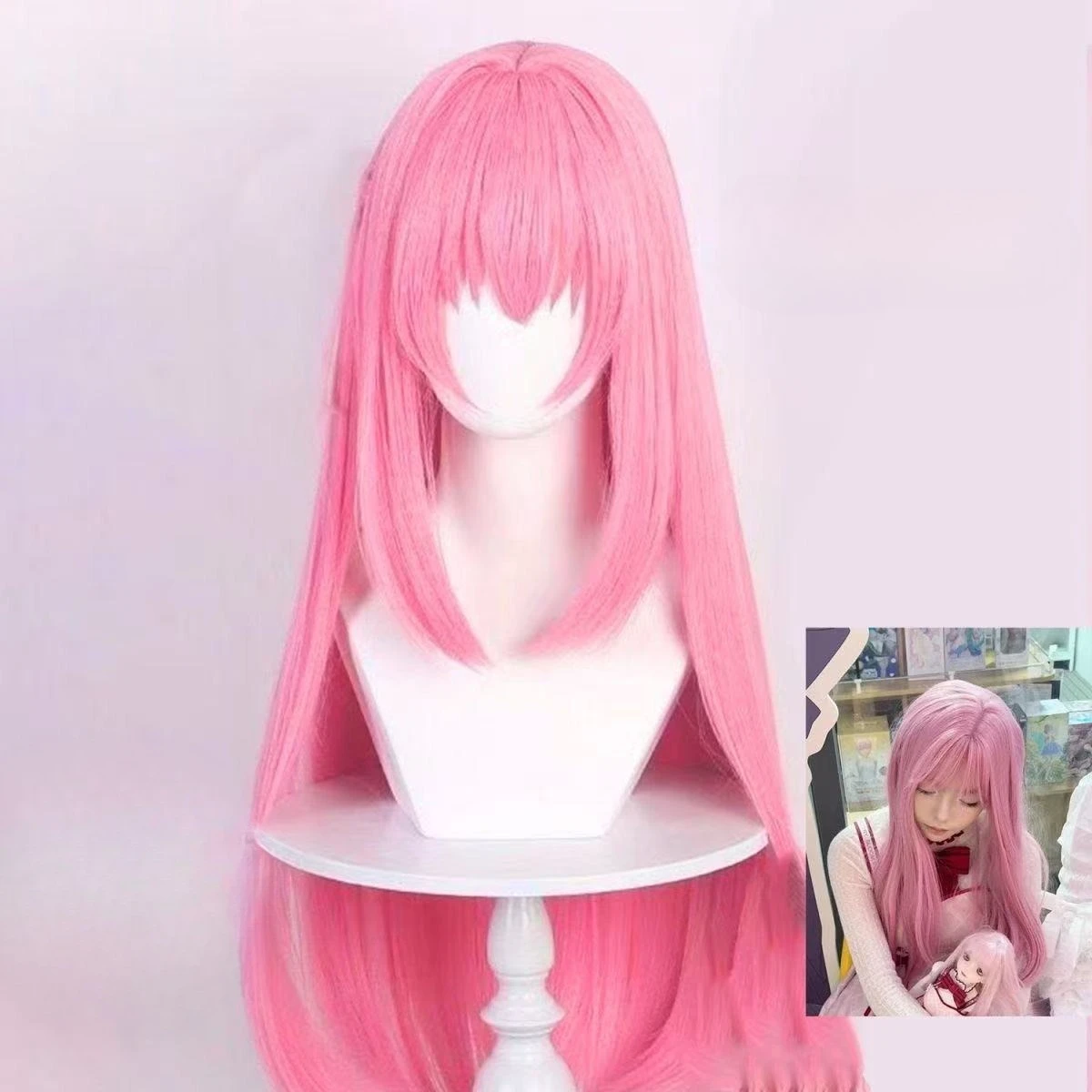 Sweet Pink Long Straight Cosplay Wig Air Bangs Lolita Student Style for Anime Comic Exhibition