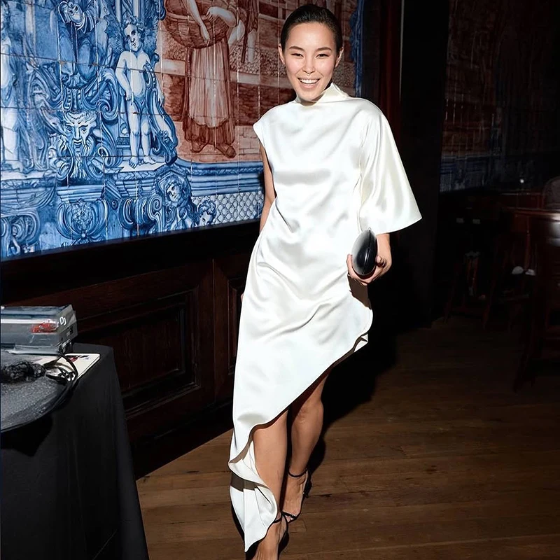 Satin One Shoulder Long Dress Women 2026 Summer Casual Turtleneck Asymmetric Loose Dresses Party Club Fashion Cover Up Dress