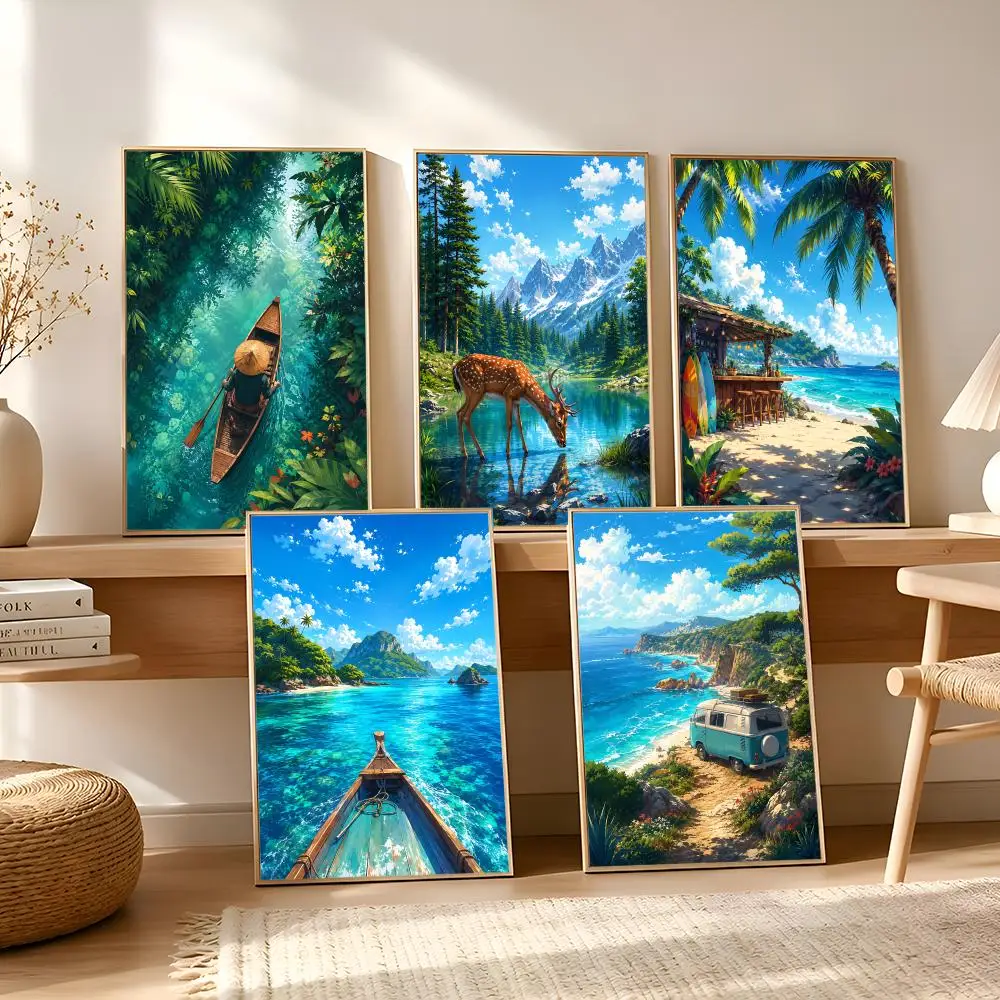 Nature Tropical Mountain Sea Painting Calligraphy Canvas Poster Bedroom Living Room Bar Hallway House Interior Wall Decor