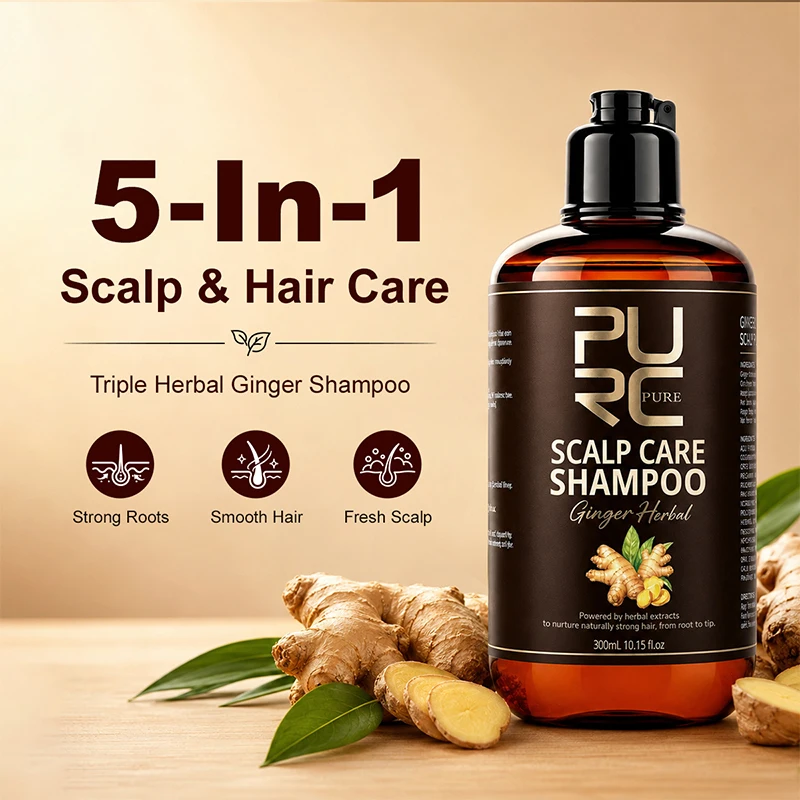 PURC Ginger Herbal Shampoo Promote Hair Growth Deeply Nourish Scalp Soft and Smooth Moisturizing Hair Care 300ml ginger Shampoo
