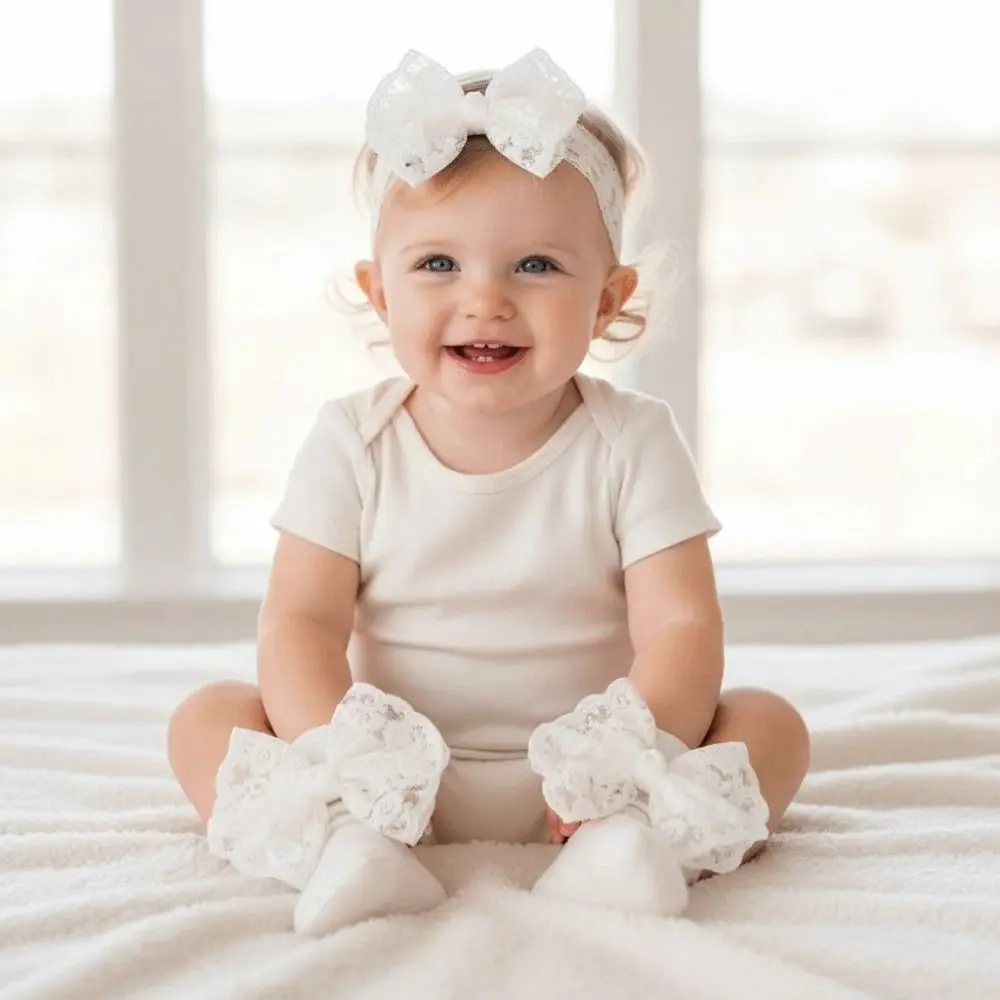 2Set Lace Bow Baby Headband Socks Set Korean Style Cute Princess Infant Headwear Kawaii Breathable Elastic Hair Band 0-12 Months