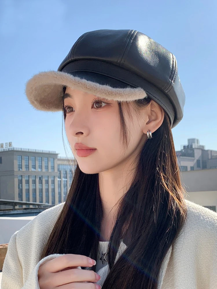 New Retro Winter Pu Leather Beret Women High Quality Solid Octagonal Boinas Cap Fashion Ladies Outdoor Casual Hat Newsboy Caps