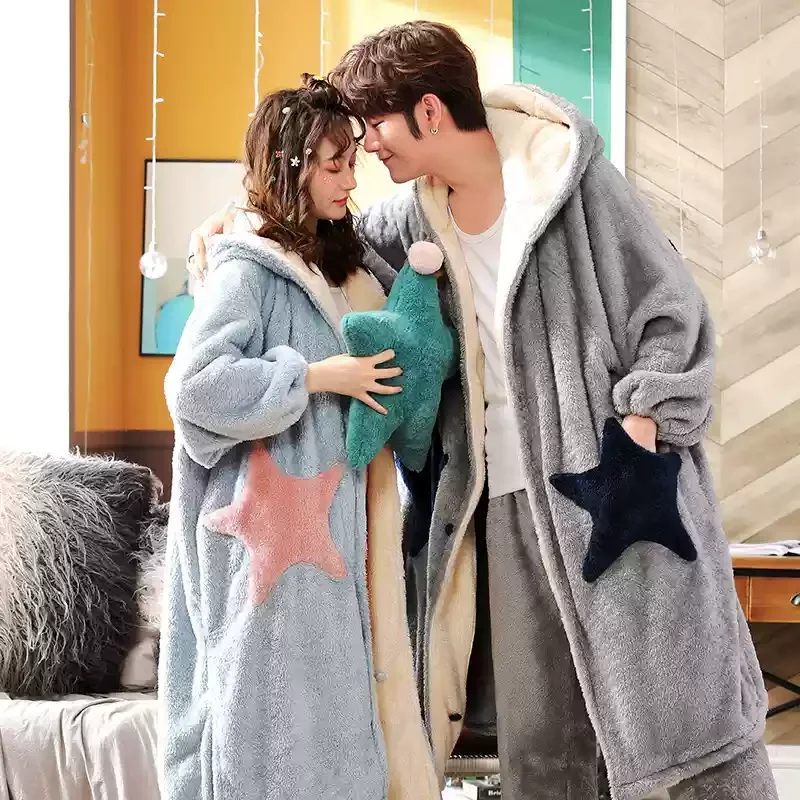 Velvet Couple Pajamas Autumn/Winter Thickened Warm Hooded Outer Wear Plus Size Casual Home Clothes Men's Pijama Suit Flannel Pjs