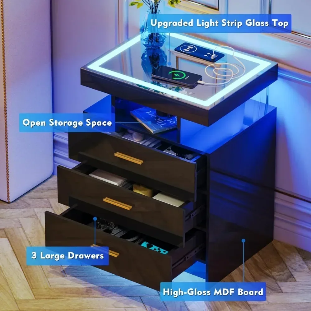 Nightstands with Wireless Charging Station, Auto Sensor 3 Color Dimmable LED Night Stand, Bedside Table with 3 Drawers