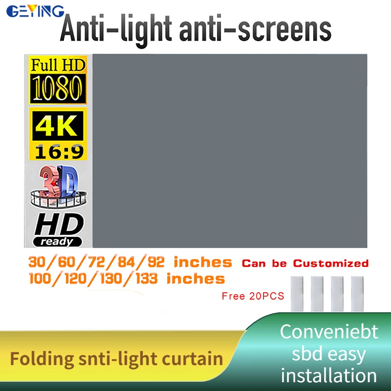 Tela de projetor portátil, cortina simples anti-luz, telas de projeção para casa, escritório, ao ar livre, 60, 70, 80, 100, 120 polegadas