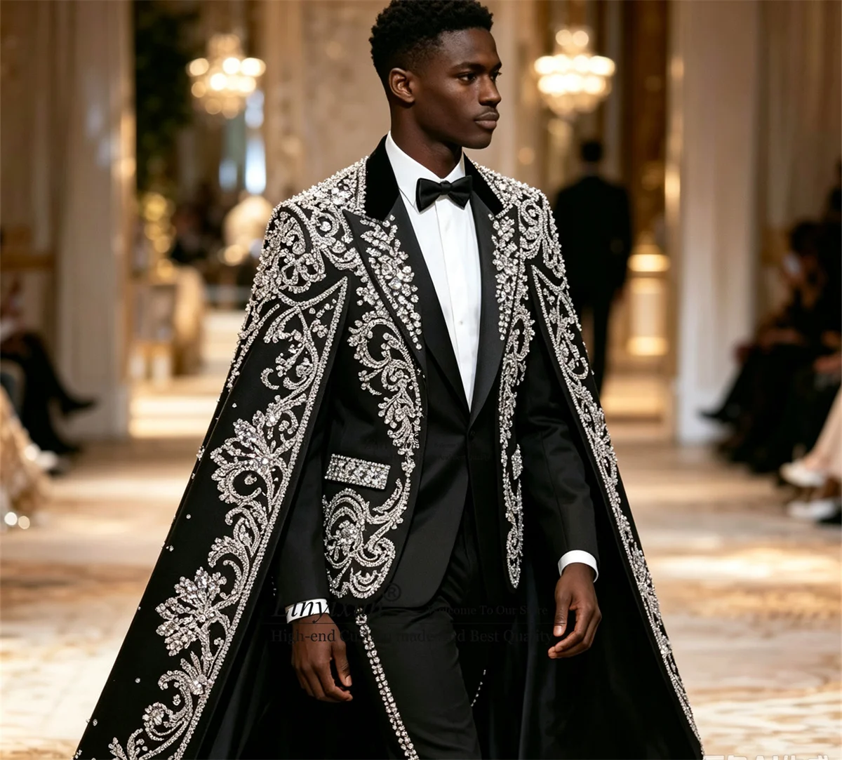 Luxury Rhinestone Crystal Men Suits With Cape Customized Groom Party Male Blazers 2 Piece Sets Tuxedos Wedding Party Ropa Hombre