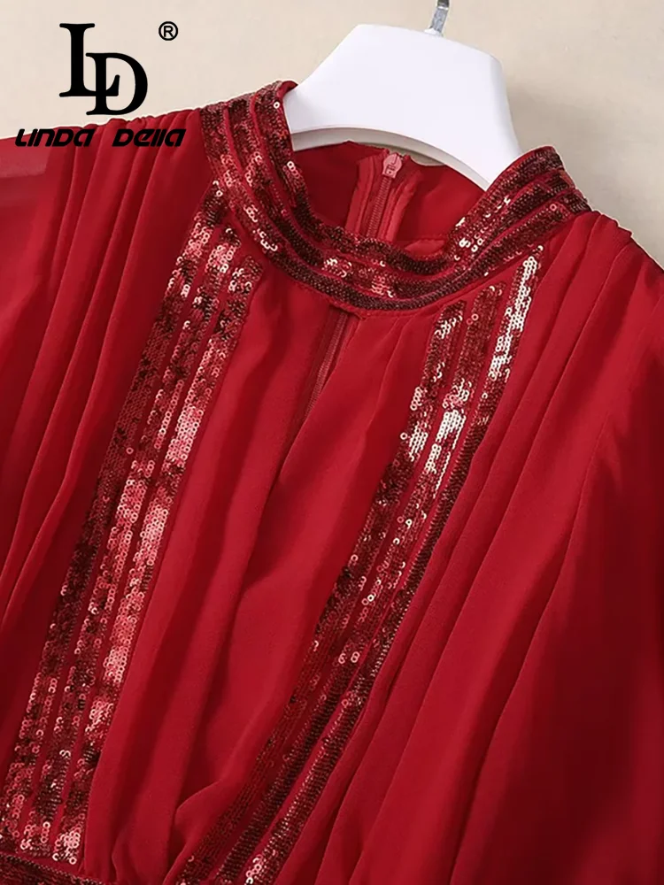 LD LINDA DELLA Fashion Designer Summer Dress Women\'s Vintage Solid Color Sequins Draped Chiffon Flutter Temperament Dresses