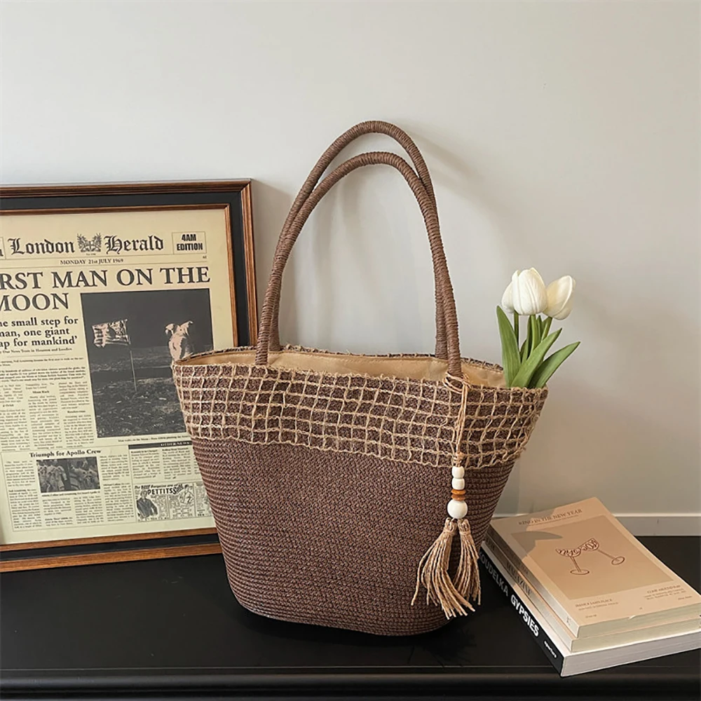 

Женская летняя плетеная сумка-тоут с кисточками и декоративными элементами, универсальная для отпуска, пляжа, повседневного использования, шопинга, сумка через плечо, новинка 2026 года