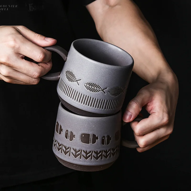 

Винтажная керамическая кофейная кружка большой емкости в японском стиле, чашка для молочных хлопьев с рельефной резьбой