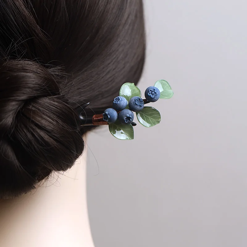Заколка для волос ручной работы с имитацией фруктов и черники, дизайн заколки для волос из черного дерева, аксессуар, заколка для волос