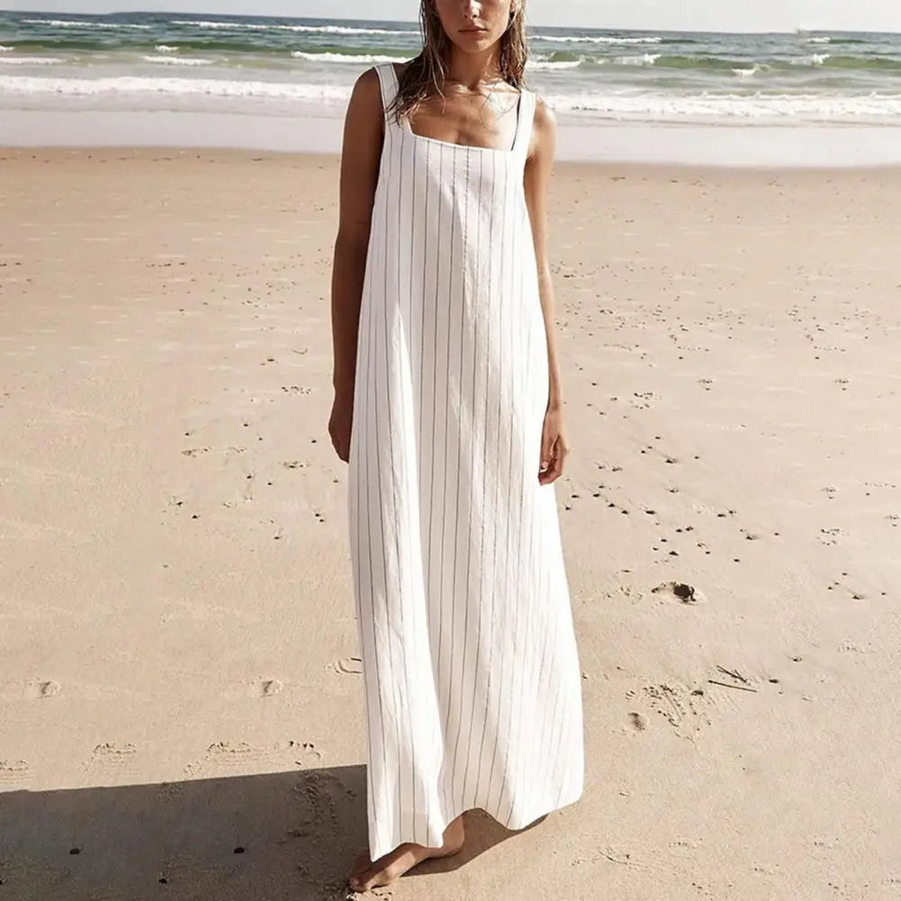 

Dress Striped Square Neck Maxi Dress for Women A-line Beach Sundress with Ankle Length for Wear Commuting Dating Women Square