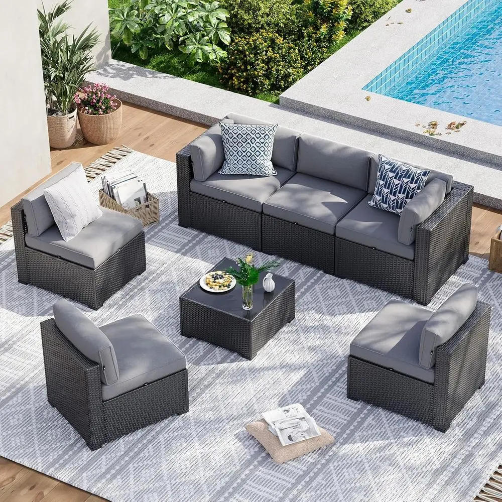 

Grey 7-Piece Outdoor Wicker Patio Sectional Sofa Set with Plush Cushions