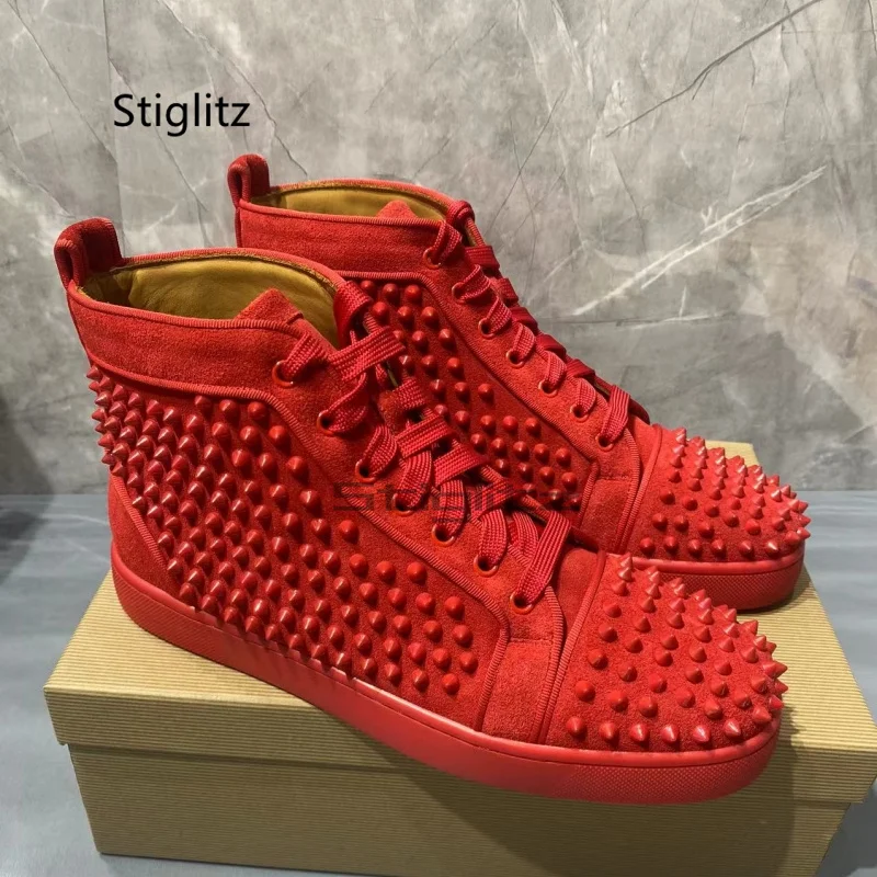 Red Suede Rivet Casual Shoes for Men High Top Lace Up Round Toe Sneakers Comfortable Flats Studded Spring Autumn Single Shoes