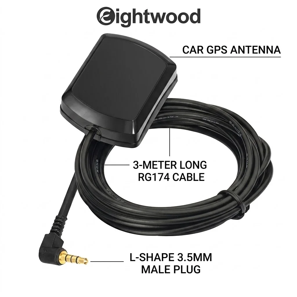 Antena GPS para coche de Eightwood, receptor de Radio Digital, enchufe macho de 3,5mm, Cable aéreo de ángulo recto de 3m para cámara de canciones de tablero AUKEY Papago