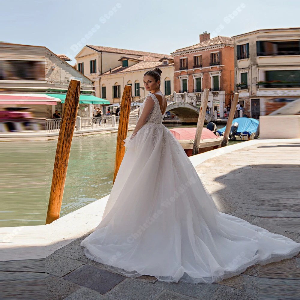 Noble Glitte-Vestidos de Novia de encaje para mujer, traje de novia con escote en V, apliques de línea A, mangas largas, Espalda descubierta, 2024