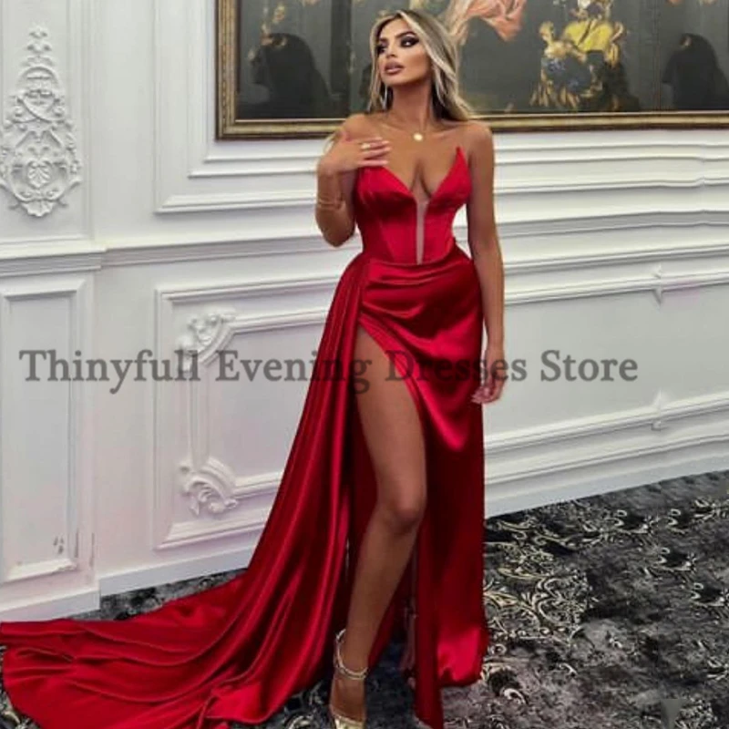 Thinyfull Mermaid Prom Dresses Red Sweetheart Floor Length Evening Dress High Split Saudi Arabia Cocktail Party Gowns Plus Size