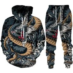 New Vintage Animal Dragon Lion Hoodie sets Men Tracksuit Y2k 3D Printed Casual Sweatshirt pants Set Hip Hop Streetwear Clothing