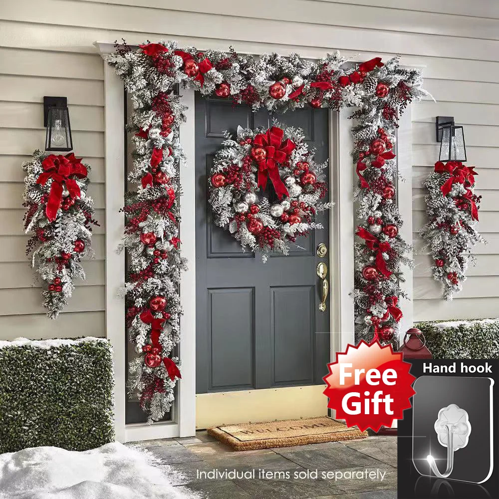 

2023 New Christmas Wreath Front Door Christmas Wreath Red Ball Ornaments Door Window Mantle Indoor Outdoor Christmas Decoration