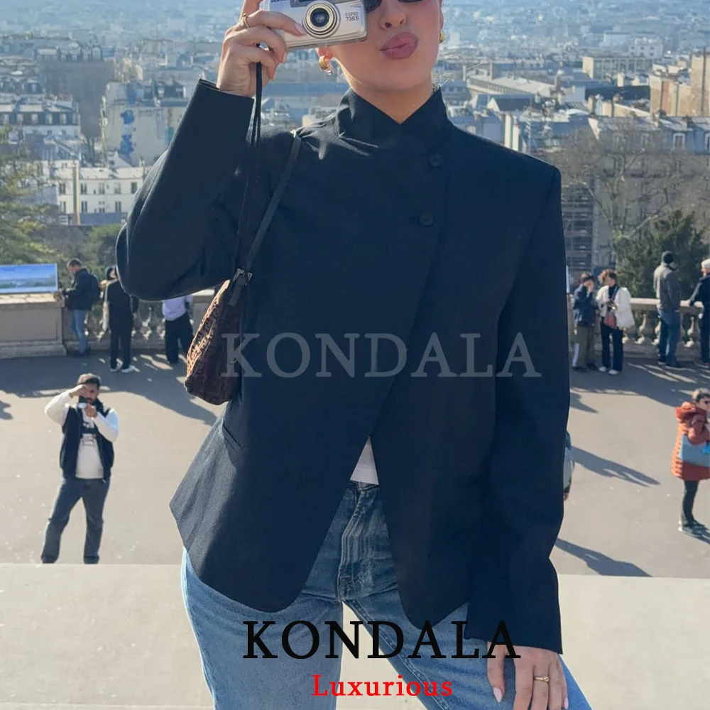 KONDALA Vintage Office Lady Blazer Black Solid O-Neck Long Sleeve Single Breasted Straight Blazer New Fashion 2026 Spring Blazer