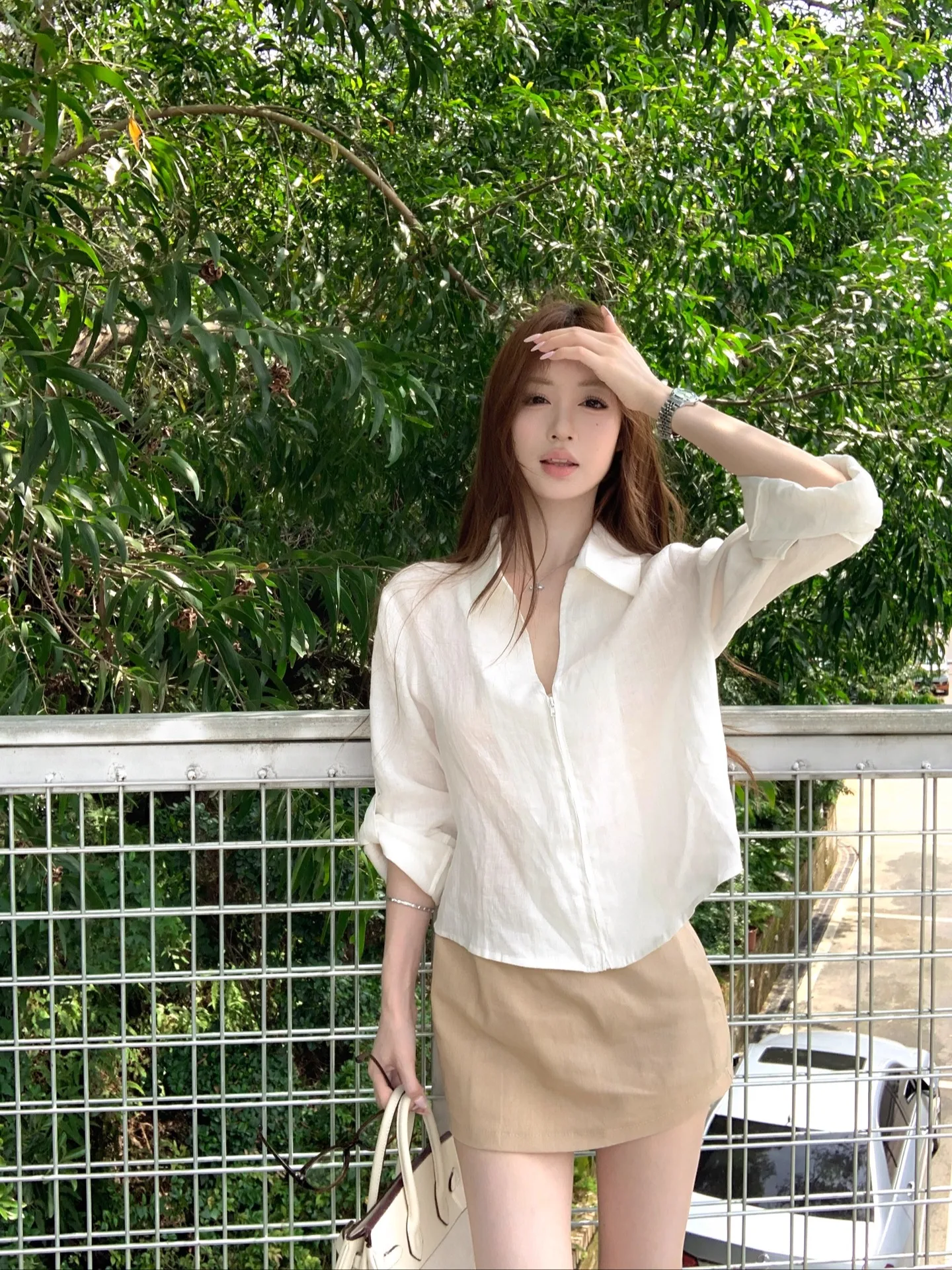 

JUNSTUDIO Льняная рубашка на молнии, свободный крой, женская, удобная, дышащая, с длинным рукавом, воротник-стойка, осенняя модная женская рубашка