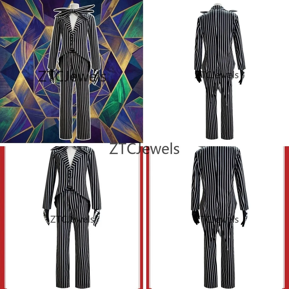 Jack Skellington Cosplay Kostüm Gruseliges Horror-Halloween-Outfit Gestreifter Herrenanzug Weihnachten Nightmare Before Christmas