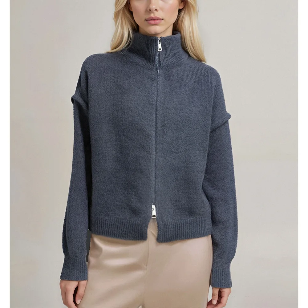 سترة مشغولة من الصوف البلوزات النساء الصلبة لاعبا سستة الوقوف طوق طويلة الأكمام طفيف تمتد فضفاض عادية 2025 الخريف الشتاء