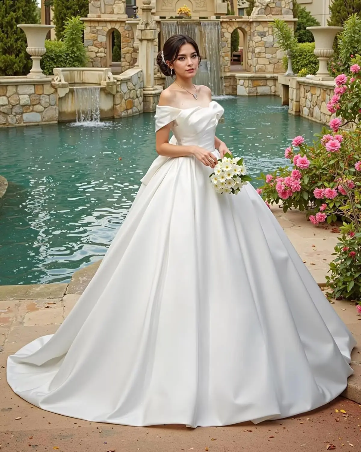오프숄더 레이스 아플리케 웨딩드레스 스트랩리스 A라인 새틴 시폰 피쉬테일 웨딩드레스 타이트 코르셋, 화려한 웨딩드레스