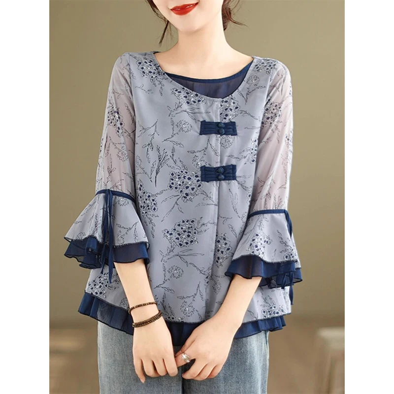 花柄シフォンブラウス女性フリルフレア Seelve レトロルーズトップスオフィスレディカジュアルウェアシャツ特大