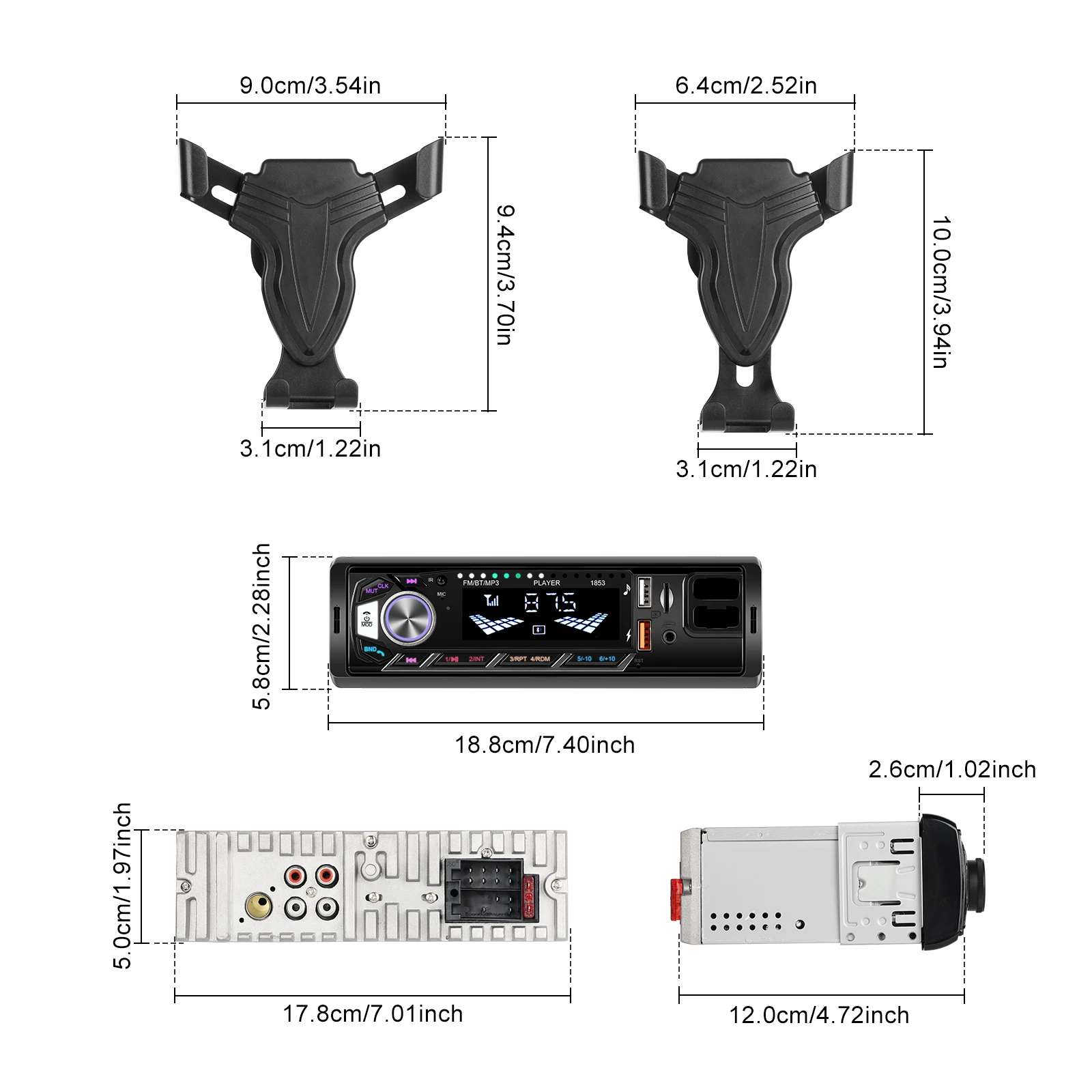 Podofo Auto 1din Audio Radio Bluetooth Stereo MP3-Player FM-Empfänger unterstützt Telefonaufladung AUX/USB/TF-Karte mit Telefonhalterung – Detail 3
