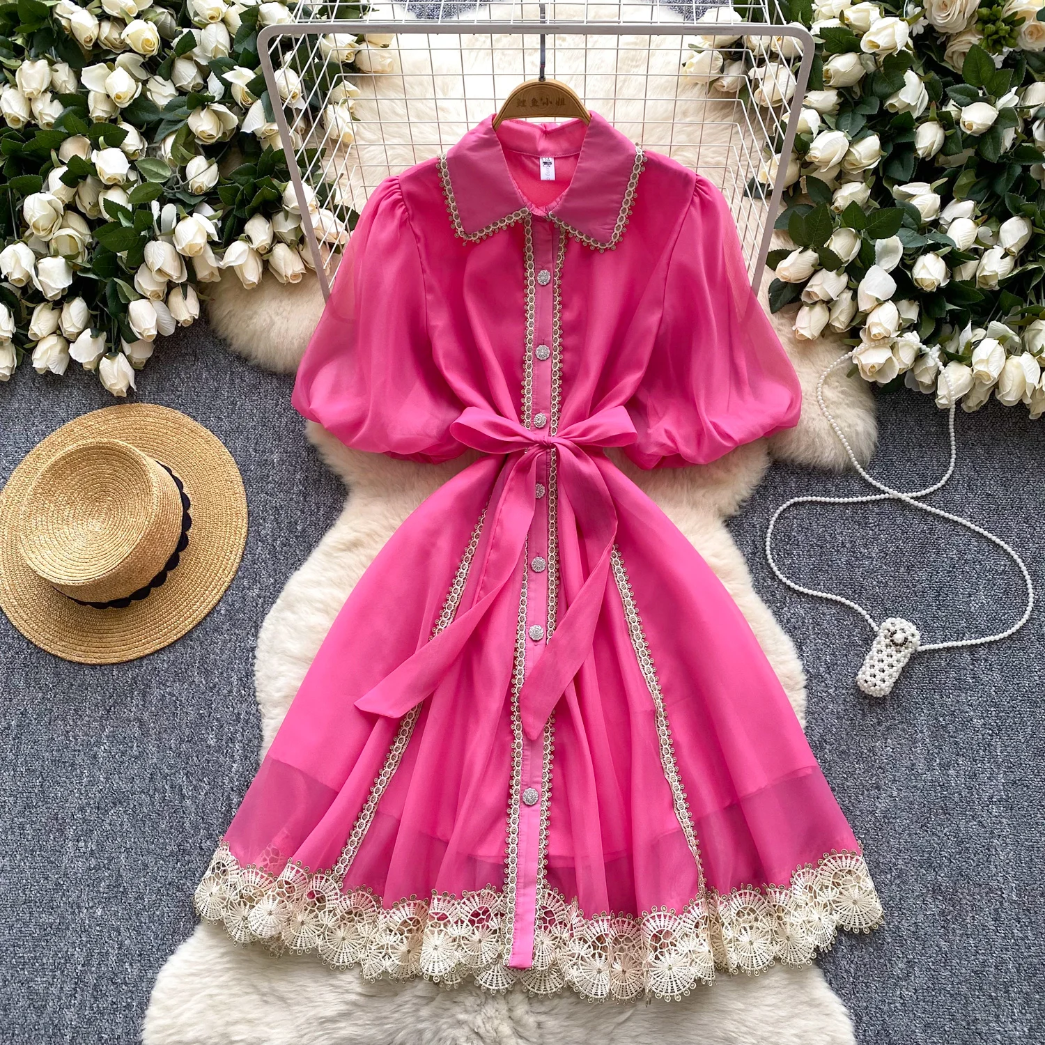 2025 ฤดูร้อนชุดวินเทจใหม่หญิงโคมไฟ Turn-Down COLLAR Lace Spliced Design SHEER คุณภาพสูงผู้หญิง PARTY Dresses
