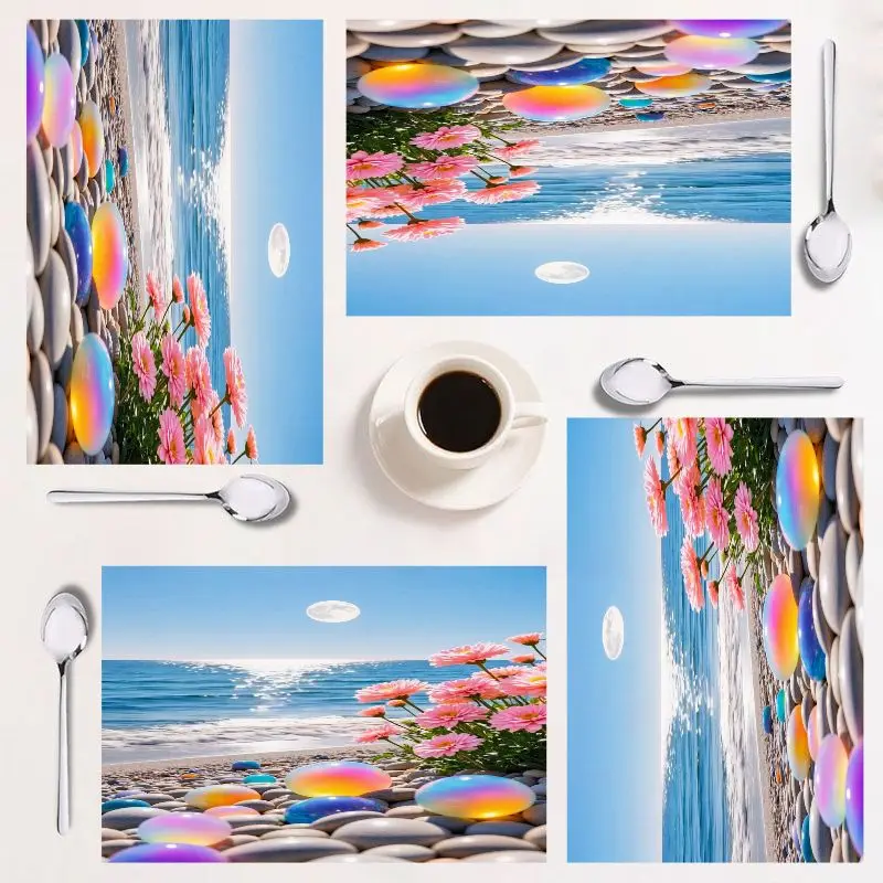 

4-piece placemat set, beach flowers and ocean design, easy to clean, rectangular, perfect for home décor, 12×18 inches.