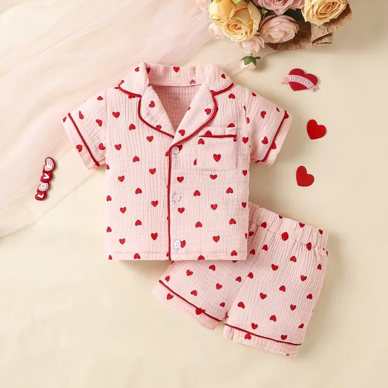 Summer Baby Boys Girls Pajama Set Cotton Linen Heart Printed Short Sleeve Cardigan Shorts 2PCS Pyjamas Set Kids Sleepwear  -Q..