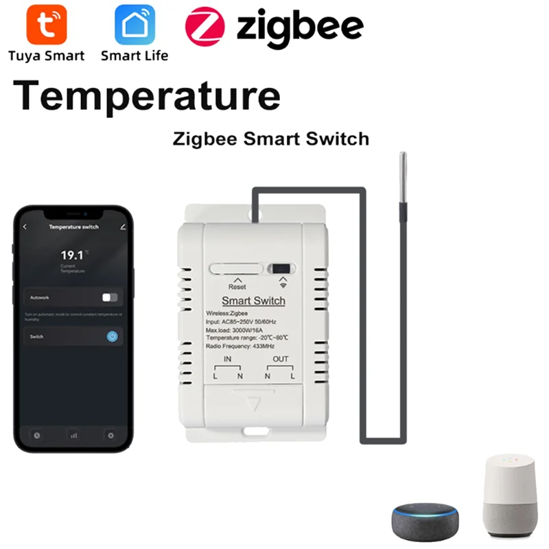 

【ВАРЯЦИЯ】Умный переключатель температуры Wi-Fi с датчиком 2 м, переключатель температуры Ewelink 16A, поддержка голосового управления