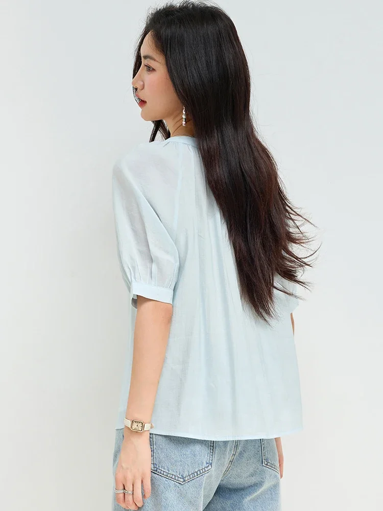 Camicette in chiffon con colletto quadrato stile coreano pop per donna Camicia estiva casual a maniche corte chic sottile Top femminile