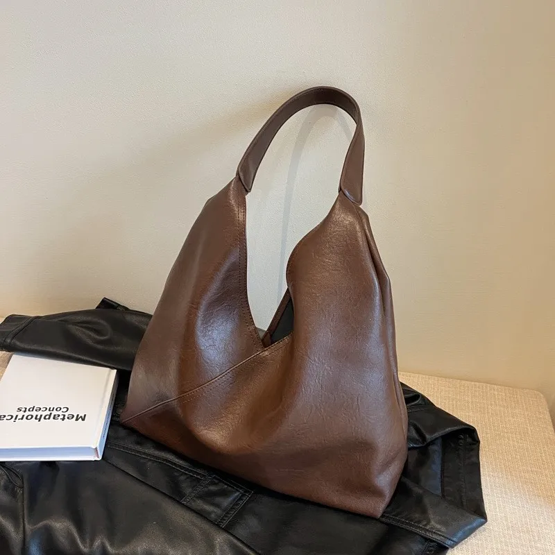 Retro Leather Handbags Women Luxury Fashion Brown Large Capacity Shoulder Bags Shopping Tote Bags 2024 New Big Underarm Hobo Bag