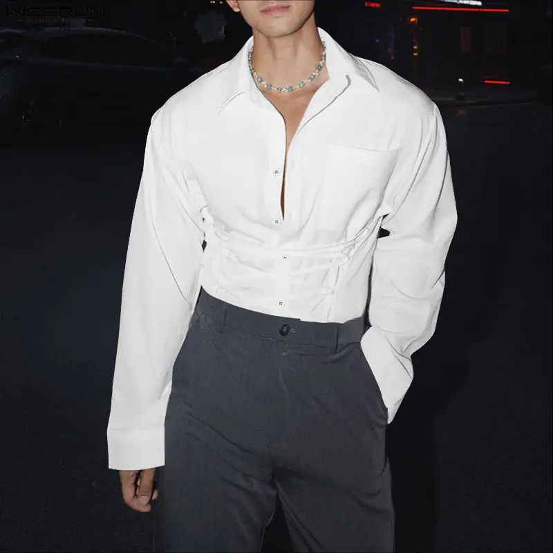 INCERUN 男性シャツ固体ラペル長袖レースアップカジュアル男性服ルーズ Streewear ファッションレジャートップス男性シャツ S-5XL