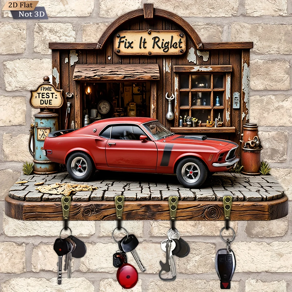 2D 평면, 1개, 빈티지 자동차 키 걸이 나무 다기능 홈 키 홀더, 네 개의 금속 후크 포함, 벽 장식, 현관