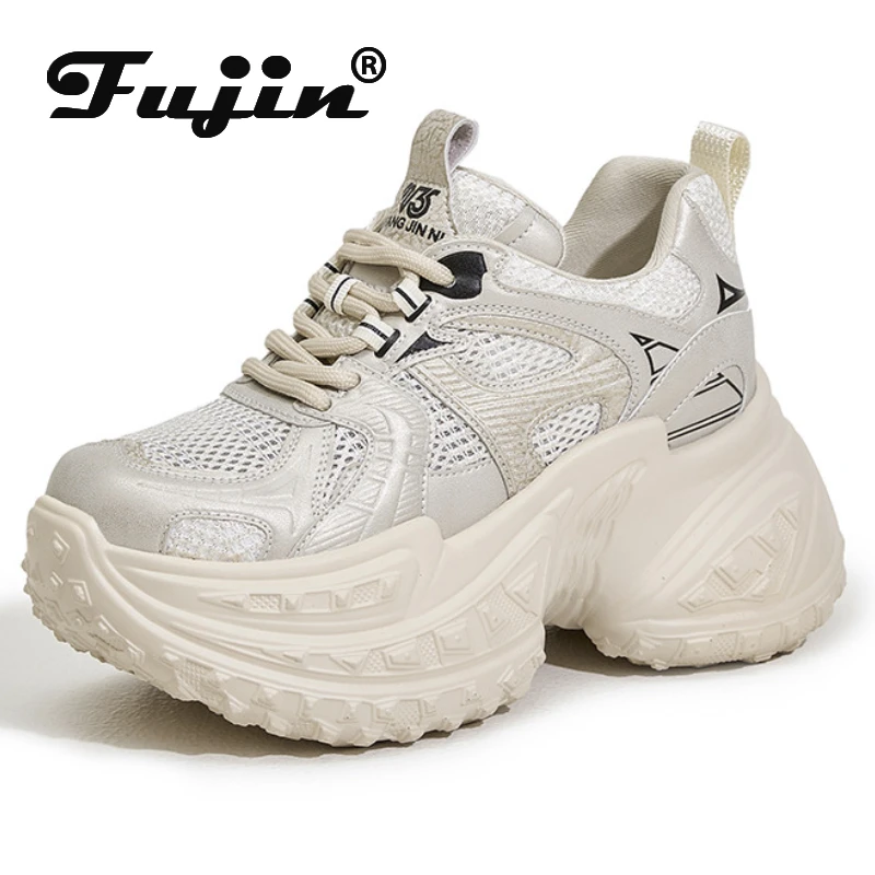 

Женские кроссовки на танкетке Fujin, черные кроссовки из сетчатой микрофибры, на вулканизированной платформе, 9 см, лето 2024