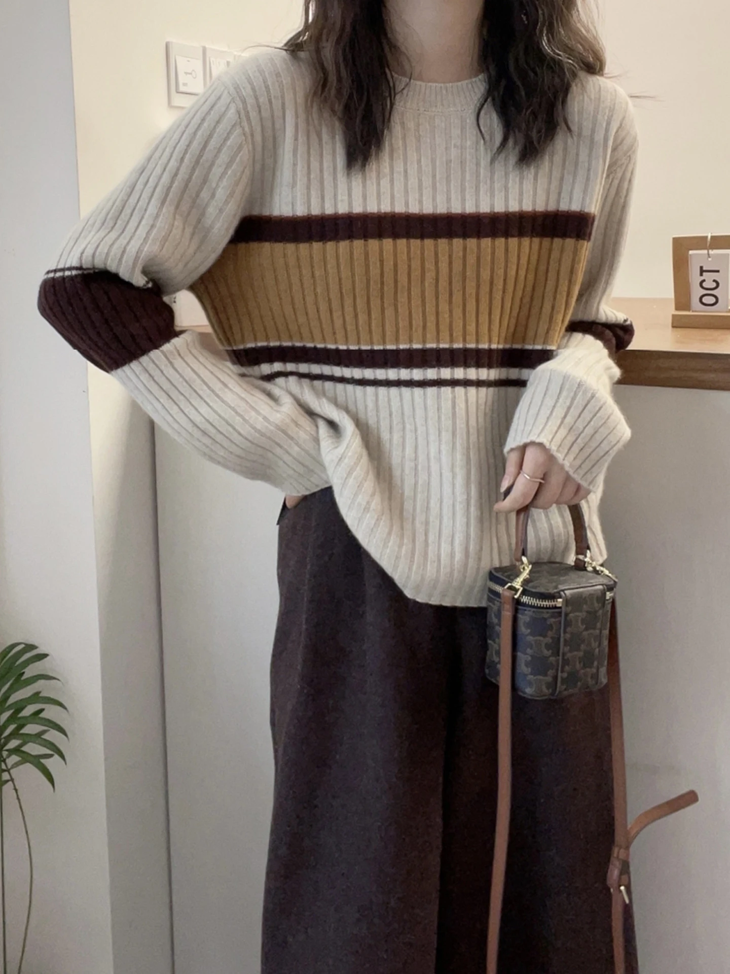 Cómodo suéter de punto para ir al trabajo Sle suelto largo Sve Casual invierno Faion Top mujer redondo Ne rayas Base irt