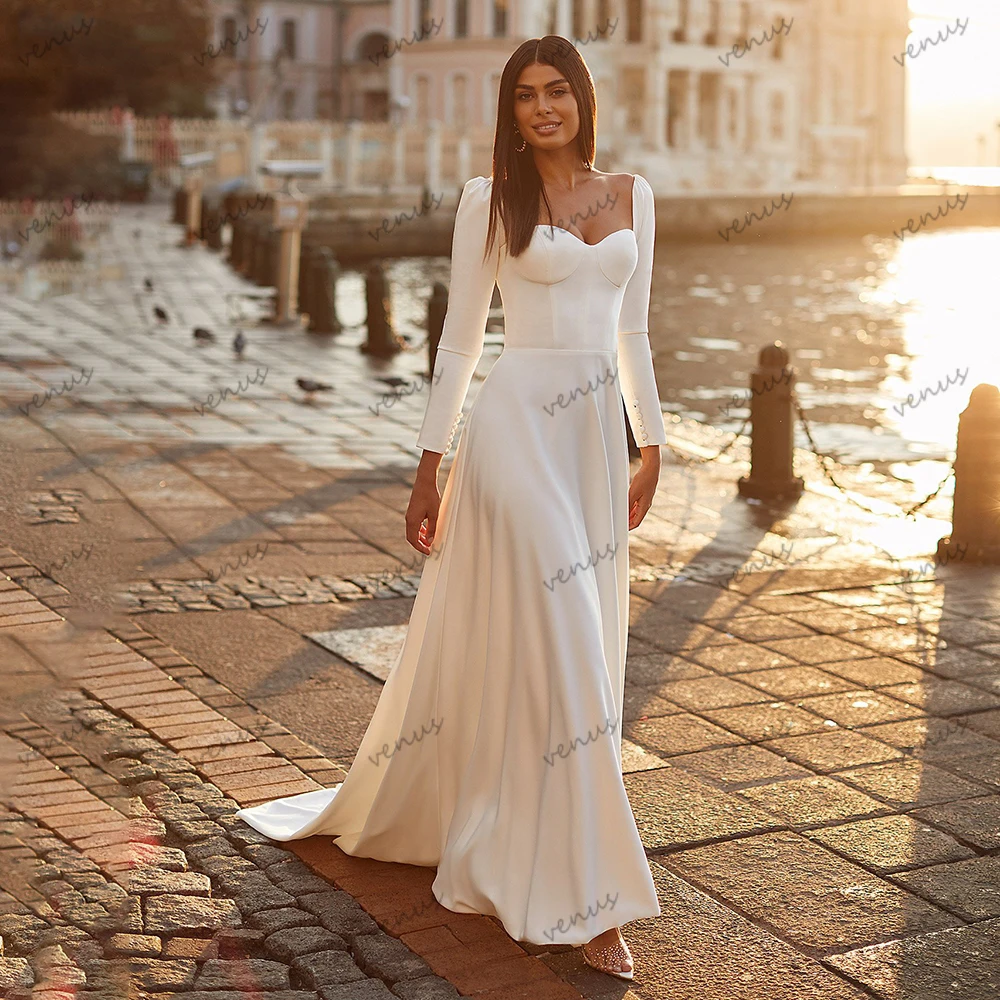 Abiti da sposa modesti Guaina in raso Sirena Abiti da sposa eleganti Maniche lunghe Lunghezza pavimento Abiti Abiti da sposa Personalizzati