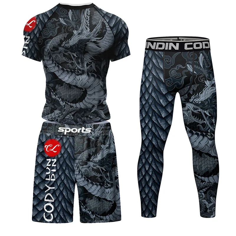 Men Rashguard MMA T-shirt +Pants 4PCS/Suit Jiu Jitsu Black Grappling Bjj Gi Boxing Rash Guard Sportwear lLeggings Set MMA Shorts