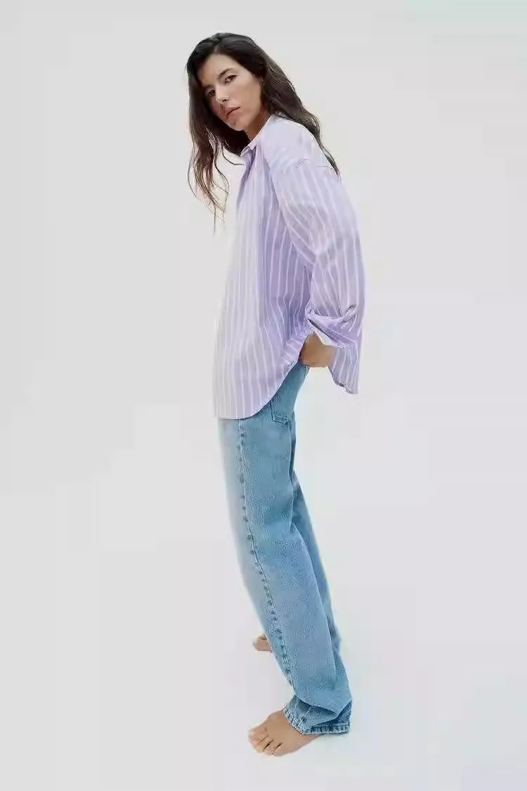 

Spring Autumn 2024 Women's Loose Ox Long Sve irt New Arrival Striped Turn-down Collar Faionable Ladies' irt