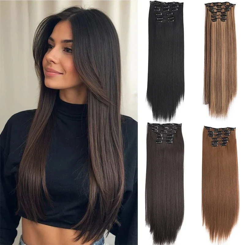 

Long Straight Clip in Hair Extensions Synthetic Straight Clip-in Hairpieces for women 24 inch Straight Hair Piece Extensions